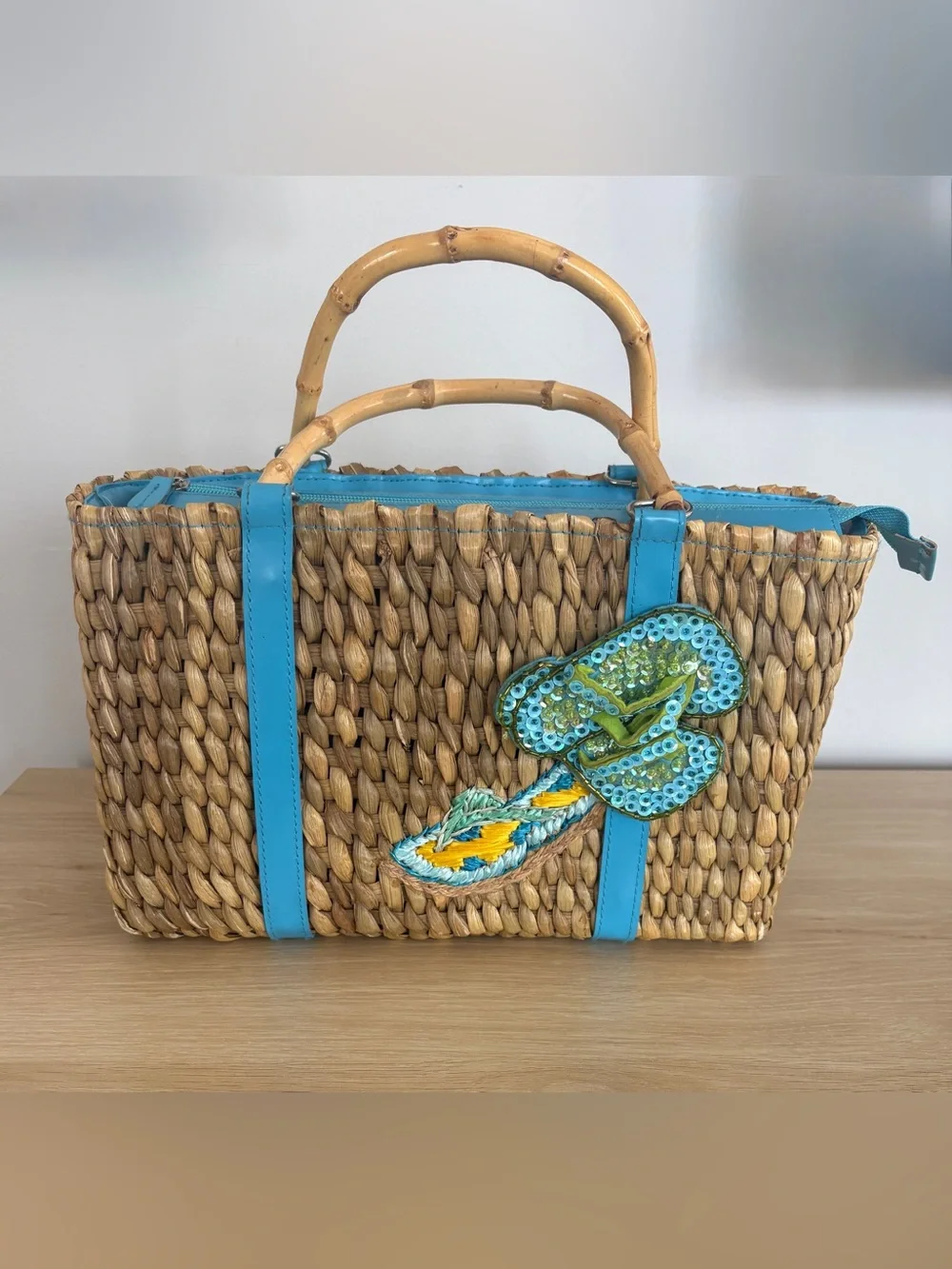 STRAW TOTE Woven with Turquoise Trim and Sequin Flip Flop